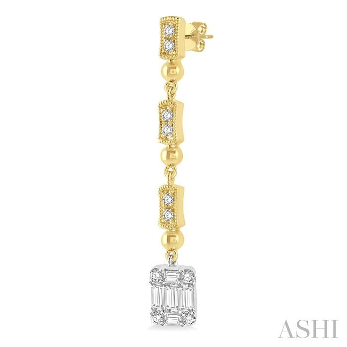 1/2 Ctw Baguette and Round Cut Diamond Long Earrings in 14K Yellow and White Gold