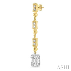 1/2 Ctw Baguette and Round Cut Diamond Long Earrings in 14K Yellow and White Gold