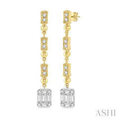 1/2 Ctw Baguette and Round Cut Diamond Long Earrings in 14K Yellow and White Gold