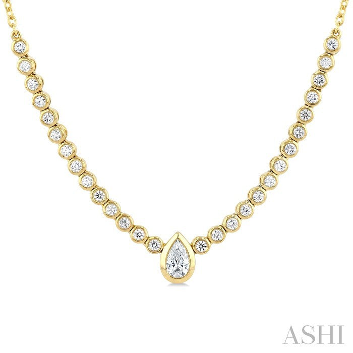 1/2 Ctw Halfway Bezel Set Pear and Round Cut Diamond Necklace in 14K Yellow Gold