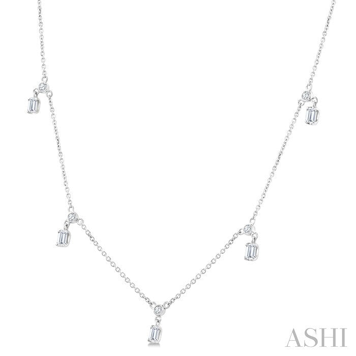 5/8 Ctw Dangle Emerald and Round Cut Diamond Station Necklace in 14K White Gold