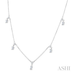 5/8 Ctw Dangle Emerald and Round Cut Diamond Station Necklace in 14K White Gold