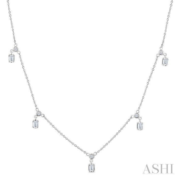 5/8 Ctw Dangle Emerald and Round Cut Diamond Station Necklace in 14K White Gold