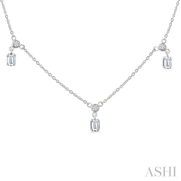 5/8 Ctw Dangle Emerald and Round Cut Diamond Station Necklace in 14K White Gold