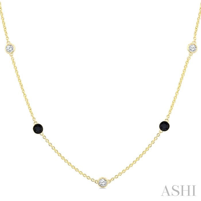 1 Ctw Black and White Round Cut Diamond Station Necklace in 14K Yellow Gold