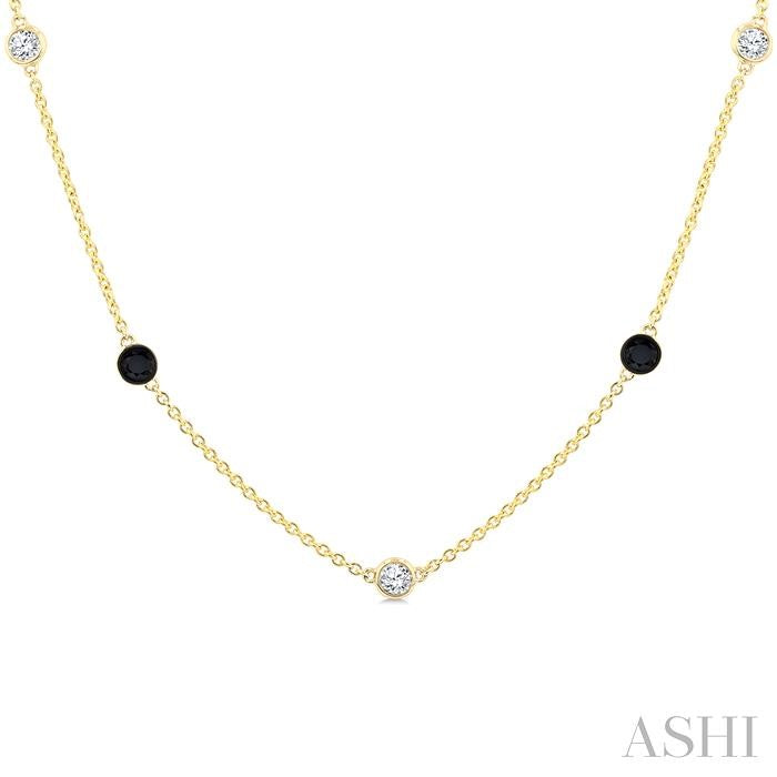 1 Ctw Black and White Round Cut Diamond Station Necklace in 14K Yellow Gold