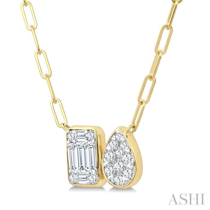 1/2 Ctw Lovebright Emerald and Pear Shape Toi Et Moi Baguette and Round Cut Diamond Necklace in 14K Yellow and White Gold