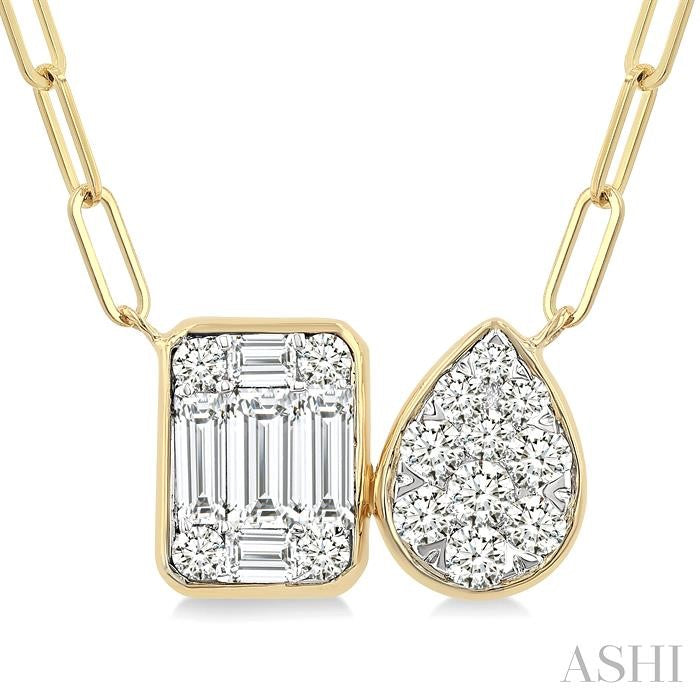 1/2 Ctw Lovebright Emerald and Pear Shape Toi Et Moi Baguette and Round Cut Diamond Necklace in 14K Yellow and White Gold