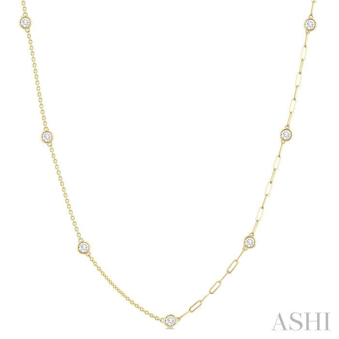 1 Ctw Bezel Set Round Cut Diamond Dual Chain Design Station Necklace in 14K Yellow Gold