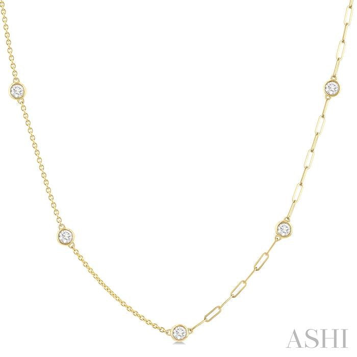 1 Ctw Bezel Set Round Cut Diamond Dual Chain Design Station Necklace in 14K Yellow Gold