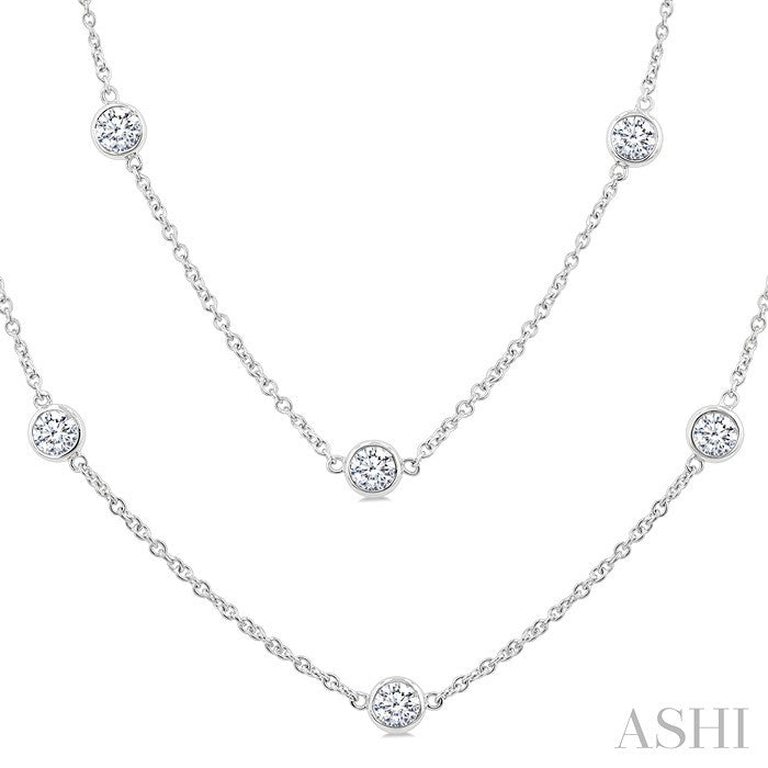 3 Ctw Bezel Set Round Cut Diamond Station Long Necklace in 14K White Gold