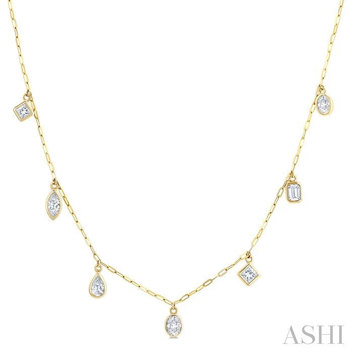 1 1/6 Ctw Bezel Set Mixed Diamond Cut Station Necklace in 14K Yellow Gold
