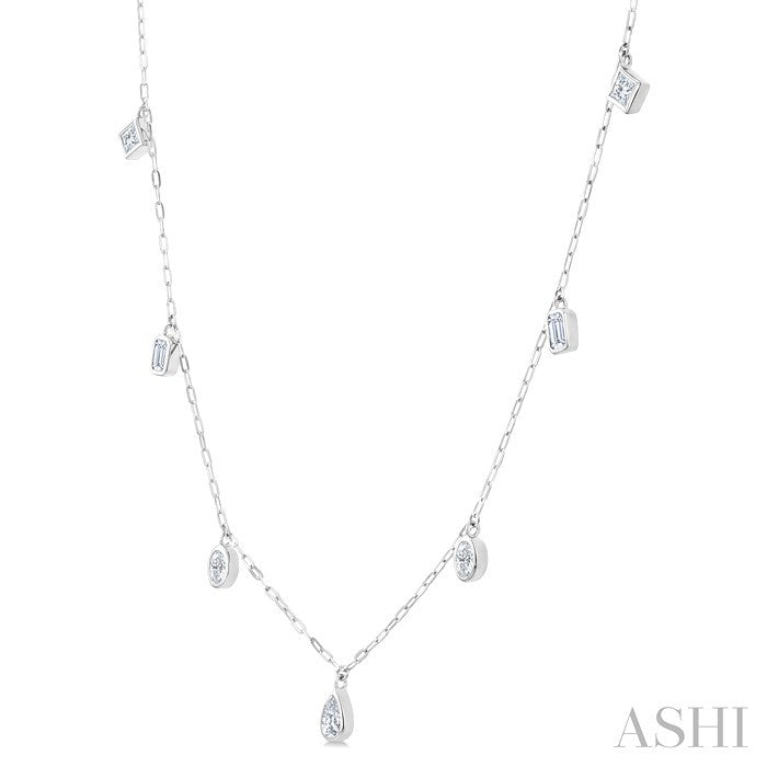 1 1/5 Ctw Bezel Set Mixed Diamond Cut Station Necklace in 14K White Gold