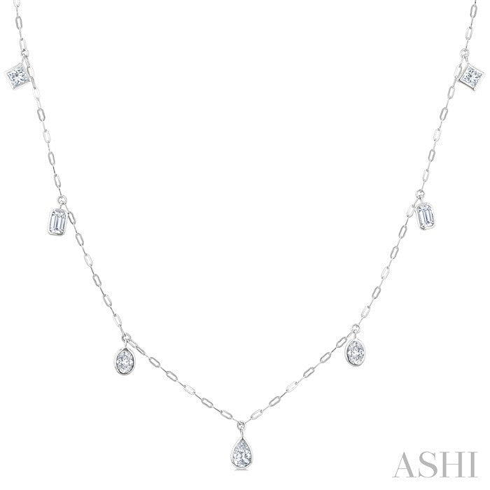 1 1/5 Ctw Bezel Set Mixed Diamond Cut Station Necklace in 14K White Gold