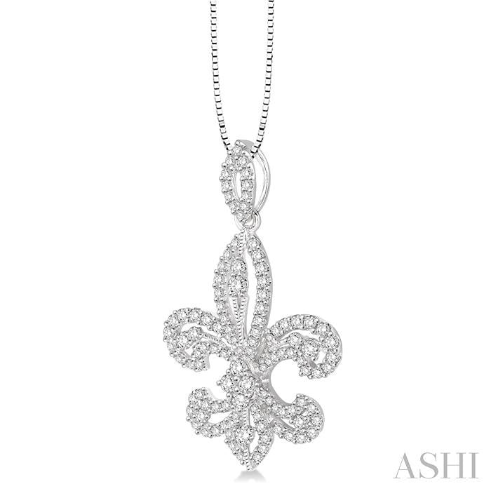 1 Ctw Round Cut Diamond Fleur De Lis Diamond Pendant in 14K White Gold with Chain