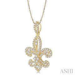 1 Ctw Round Cut Diamond Fleur De Lis Diamond Pendant in 14K Yellow Gold with Chain