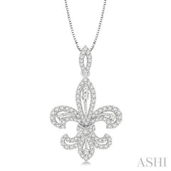 7/8 Ctw Round Cut Diamond Fleur De Lis Diamond Pendant in 14K White Gold with Chain