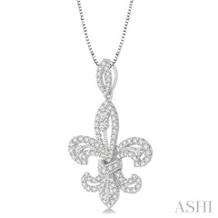 7/8 Ctw Round Cut Diamond Fleur De Lis Diamond Pendant in 14K White Gold with Chain