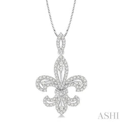 7/8 Ctw Round Cut Diamond Fleur De Lis Diamond Pendant in 14K White Gold with Chain