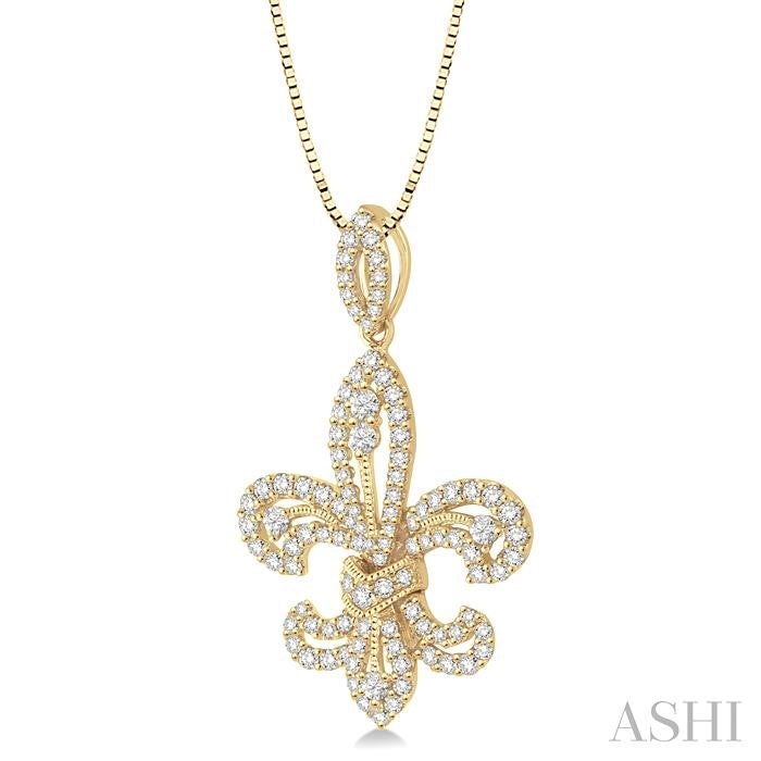 7/8 Ctw Round Cut Diamond Fleur De Lis Diamond Pendant in 14K Yellow Gold with Chain