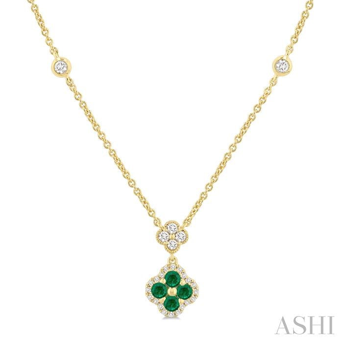 2.4 MM Round Shape Emerald and 1/4 Ctw Clover Round Cut Diamond Station Necklace in 14K Yellow Gold