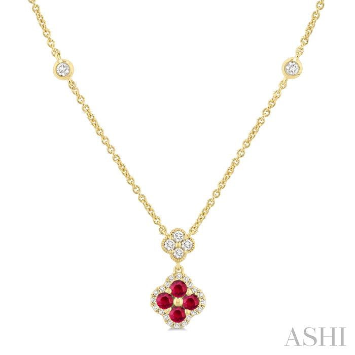 2.4 MM Round Shape Ruby and 1/4 Ctw Clover Round Cut Diamond Station Necklace in 14K Yellow Gold