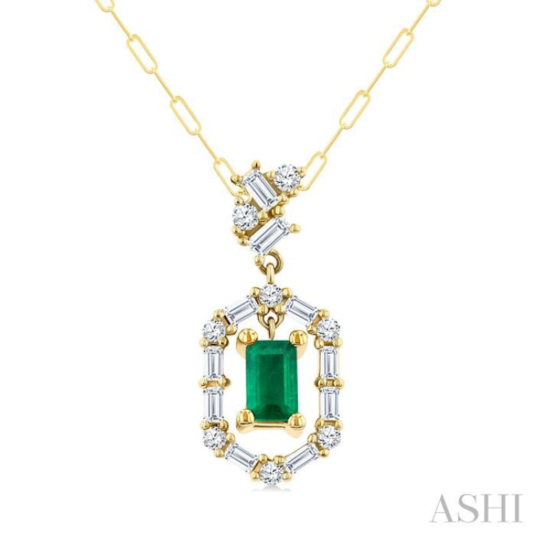 5x3 MM Emerald Cut and 1/3 Ctw Baguette & Round Cut Diamond Precious Fashion Pendant With Chain in 14K Yellow Gold