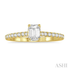 1/5 Ctw Emerald Shape Round Cut Diamond Semi-Mount Engagement Ring in 14K Yellow Gold