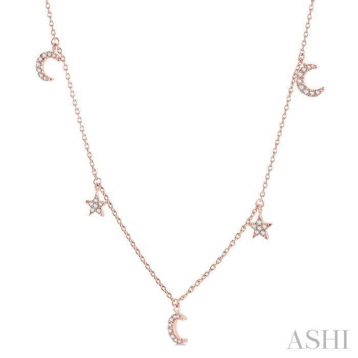 1/8 Ctw Star and Moon Crescent Round Cut Diamond Necklace in 14K Rose Gold