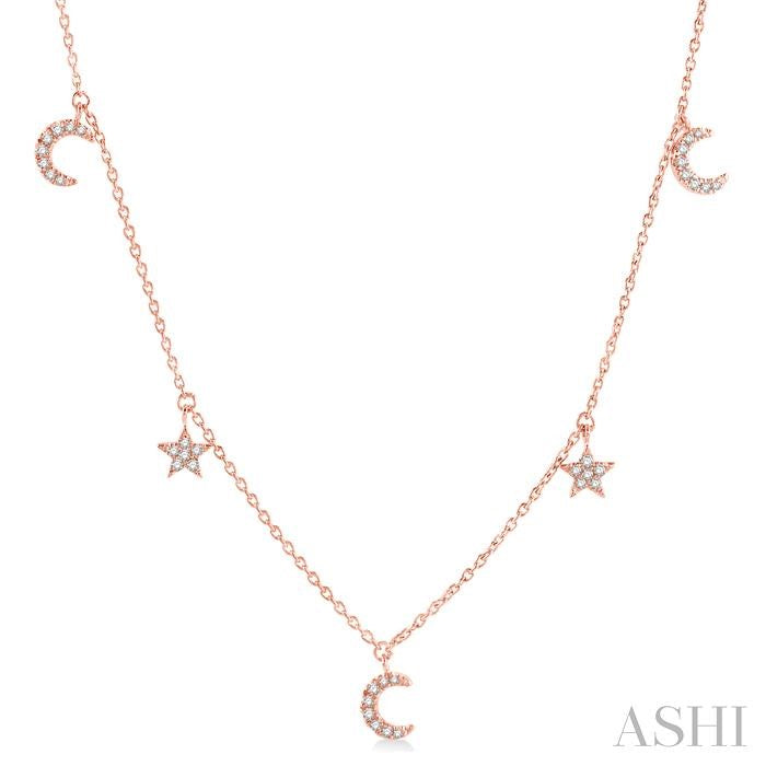 1/8 Ctw Star and Moon Crescent Round Cut Diamond Necklace in 14K Rose Gold
