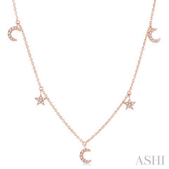 1/8 Ctw Star and Moon Crescent Round Cut Diamond Necklace in 14K Rose Gold