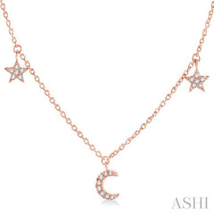 1/8 Ctw Star and Moon Crescent Round Cut Diamond Necklace in 14K Rose Gold