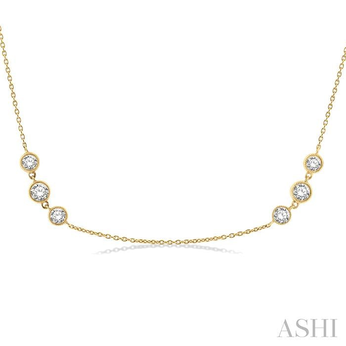2 Ctw Three Stone Bezel Set Round Cut Diamond Station Necklace in 14K Yellow Gold