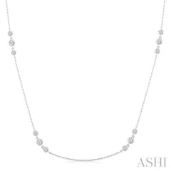 3/4 Ctw Three Stone Bezel Set Round Cut Diamond Station Necklace in 14K White Gold