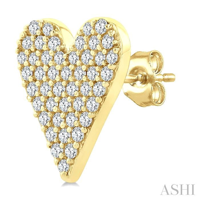 1/3 Ctw Petite Heart Pave Set Round Cut Diamond Fashion Stud Earring in 10K Yellow Gold