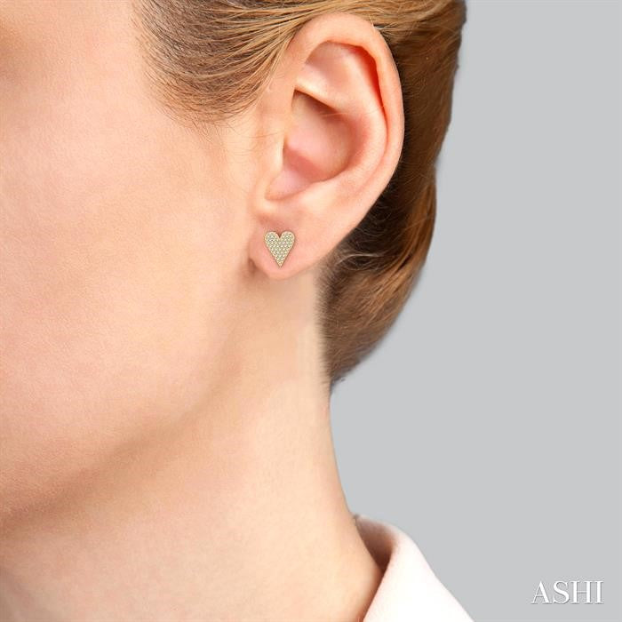 1/3 Ctw Petite Heart Pave Set Round Cut Diamond Fashion Stud Earring in 10K Yellow Gold