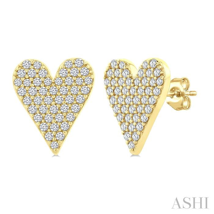 1/3 Ctw Petite Heart Pave Set Round Cut Diamond Fashion Stud Earring in 10K Yellow Gold