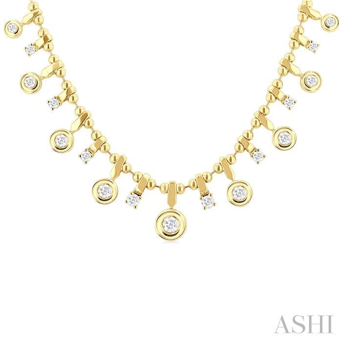 1 1/5 Ctw Round Cut Diamond Halfway Bezel and Prong Set Dangle Necklace in 14K Yellow Gold
