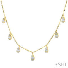 1/3 Ctw Pear Shaped Danglers Fusion Baguette and Round Cut Diamond Station Necklace in 10K Yellow Gold