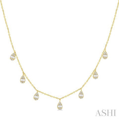 1/3 Ctw Pear Shaped Danglers Fusion Baguette and Round Cut Diamond Station Necklace in 10K Yellow Gold