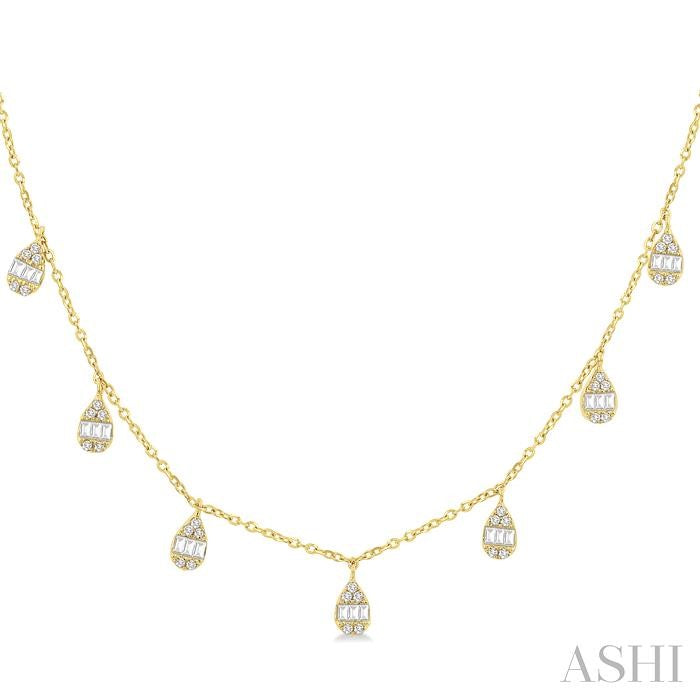 1/3 Ctw Pear Shaped Danglers Fusion Baguette and Round Cut Diamond Station Necklace in 10K Yellow Gold