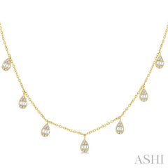 1/3 Ctw Pear Shaped Danglers Fusion Baguette and Round Cut Diamond Station Necklace in 10K Yellow Gold