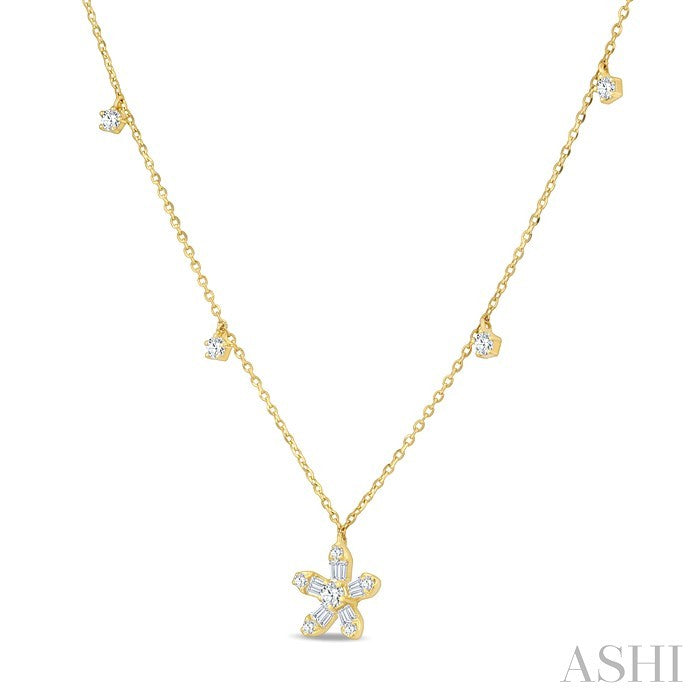 3/8 Ctw Floral Dangle Baguette and Round Cut Diamond Station Necklace in 10K Yellow Gold