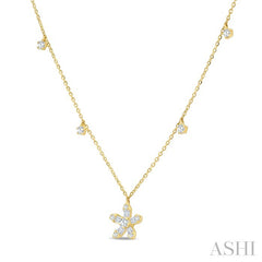3/8 Ctw Floral Dangle Baguette and Round Cut Diamond Station Necklace in 10K Yellow Gold