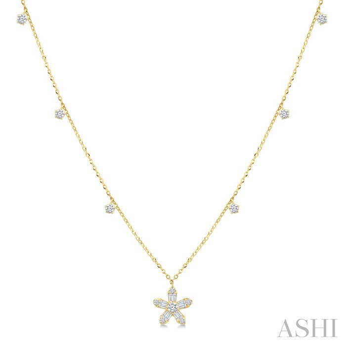 3/8 Ctw Floral Dangle Baguette and Round Cut Diamond Station Necklace in 10K Yellow Gold