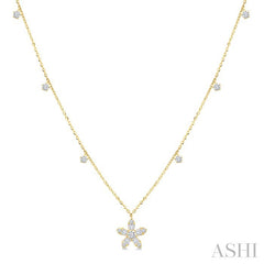 3/8 Ctw Floral Dangle Baguette and Round Cut Diamond Station Necklace in 10K Yellow Gold