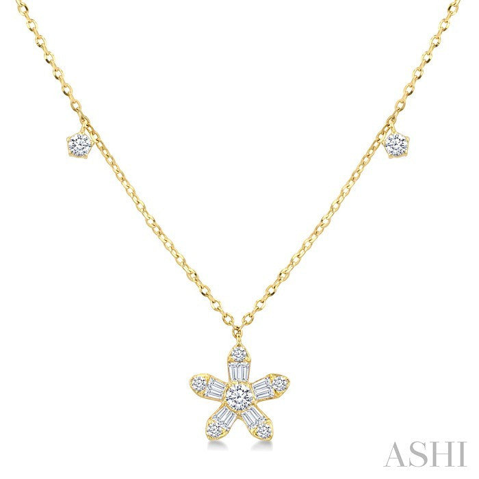 3/8 Ctw Floral Dangle Baguette and Round Cut Diamond Station Necklace in 10K Yellow Gold