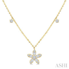 3/8 Ctw Floral Dangle Baguette and Round Cut Diamond Station Necklace in 10K Yellow Gold