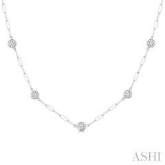 1 1/2 Ctw Bezel Set Round Cut Diamond Paperclip Station Necklace in 14K White Gold