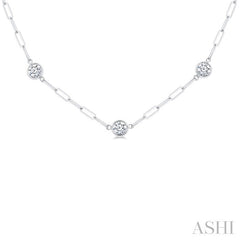 1 1/2 Ctw Bezel Set Round Cut Diamond Paperclip Station Necklace in 14K White Gold